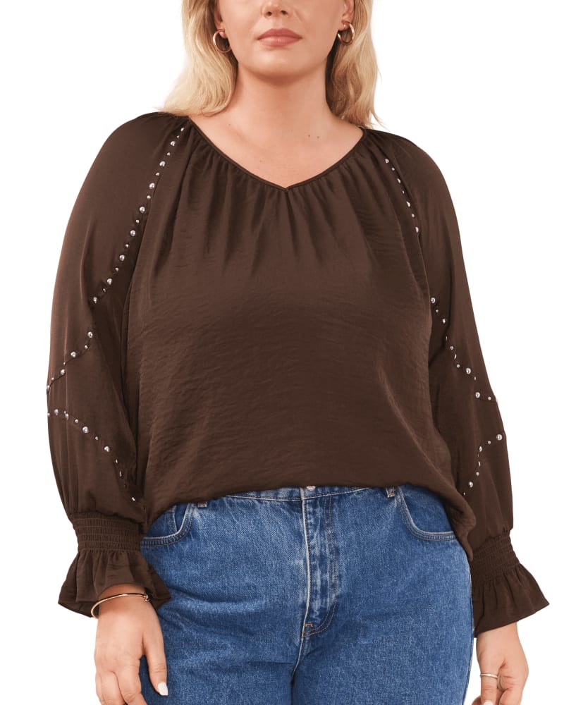 Front of a model wearing a size 1X Chloe Embellished Blouse in FRENCH ROAST by Vince Camuto. | dia_product_style_image_id:260889